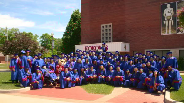 Los graduados de la Kokomo High School están en túnicas azules frente a un edificio de ladrillo al aire libre.