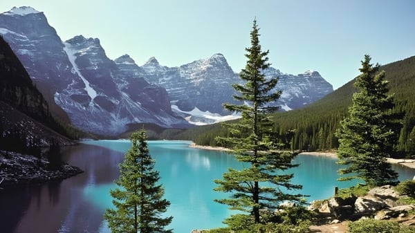Un tranquilo lago de montaña con picos nevados y bosques perennes en primer plano cerca de la Lake Cowichan Secondary School.
