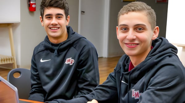 Dos estudiantes de la Lake Mary Preparatory School llevan sudaderas oscuras con el logo de UH y sonríen en un interior.