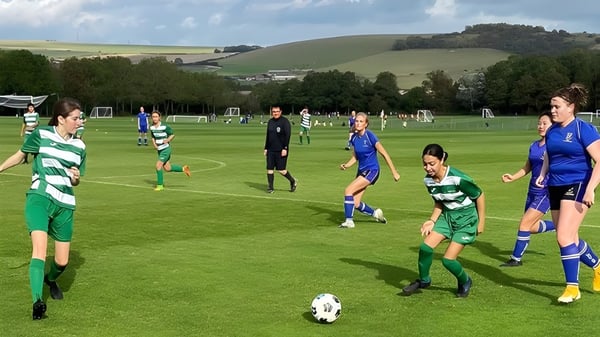 Estudiantes del Lancing College juegan un partido de fútbol en un campo verde frente a un paisaje montañoso y un cielo nublado.