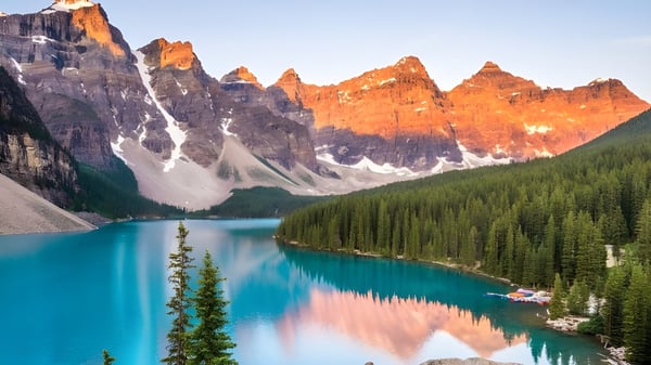 Una montaña nevada se eleva sobre un lago turquesa y un bosque de coníferas en el terreno de la Langley Fine Arts School.