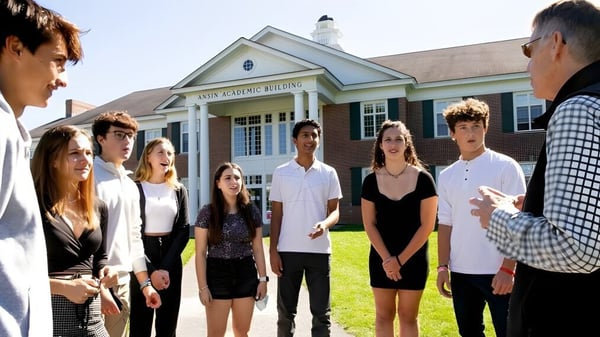 Un grupo de alumnos y alumnas está frente al edificio de ladrillo de la Lawrence Academy.