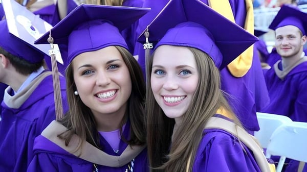 Dos graduadas de la London Central Secondary School en togas de graduación moradas están juntas en un grupo de graduados.