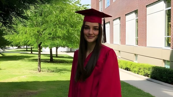 Una joven en una toga de graduación roja está frente al edificio de ladrillo de la Lord Byng Secondary School.