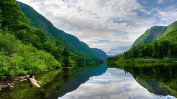 Un tranquilo lago de montaña con el reflejo del cielo y los árboles en el paisaje sereno cerca de la Lord Tweedsmuir Secondary School.