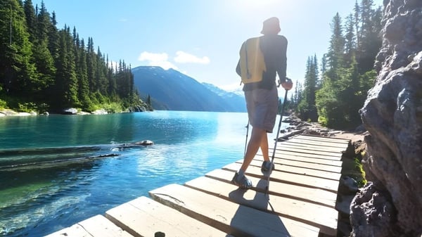 Una persona está de pie en un muelle y mira hacia un lago turquesa con montañas de fondo en el terreno del Loyalist Collegiate & Vocational Institute.