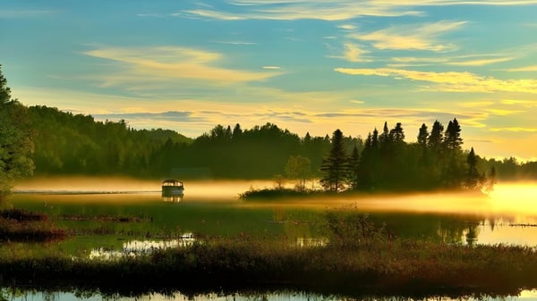 Un lago tranquilo con un pequeño bote y rodeado de bosque se ve al atardecer.