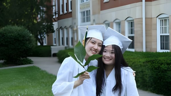 Dos estudiantes en ropa de graduación sostienen juntas una hoja verde en el terreno de la Maharishi School.