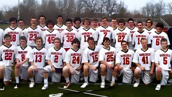 Un grupo de estudiantes de la Marblehead High School está de pie en uniformes deportivos blancos y rojos en un campo de césped con árboles al fondo.