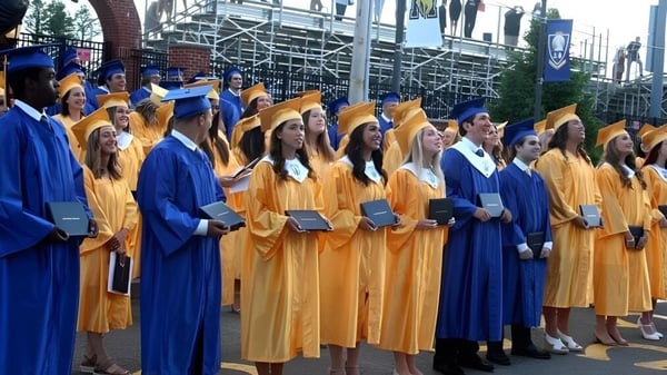 Un grupo de graduados de la Marian Catholic High School está de pie en túnicas azules y amarillas frente a un andamio y edificios.