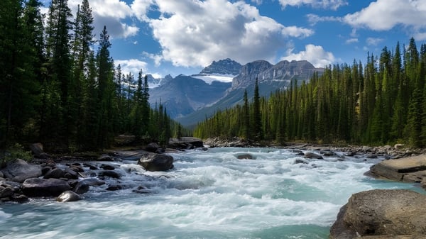 Un arroyo de montaña fluye a través de un valle boscoso con picos nevados al fondo en el terreno de la Marymount Academy.
