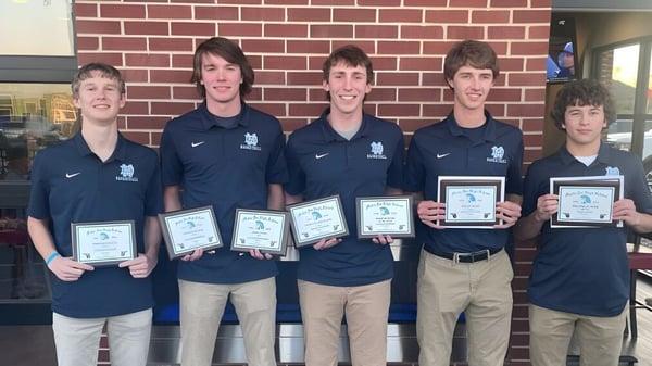 Cinco estudiantes de la Mater Dei Catholic High School están frente a una pared de ladrillo sosteniendo premios y certificados.