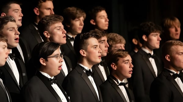 Un grupo de estudiantes de la McCallie School canta juntos en una actuación en el escenario.