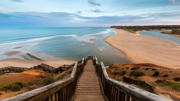 Una escalera de madera lleva del Mercedes College a una amplia playa de arena con agua turquesa y cielo nublado.