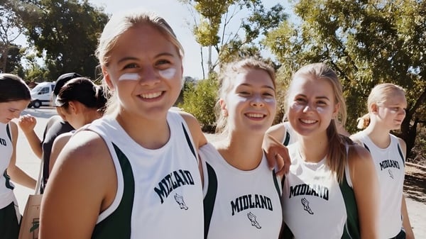 Un grupo de alumnas de la Midland School está juntas al aire libre y llevan uniformes deportivos a juego.