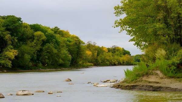 Un río tranquilo fluye a través de un paisaje otoñal con árboles coloridos en el Miles Macdonell Collegiate.