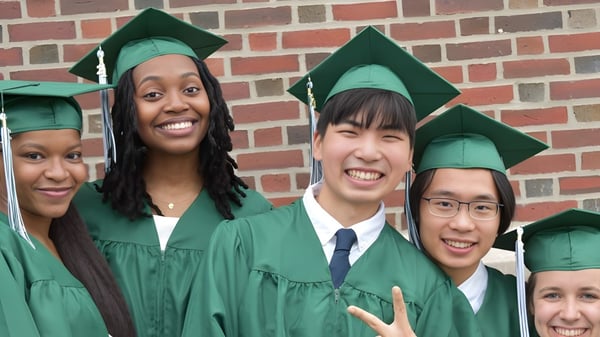 Un grupo de graduados del Milford Public School District está en togas verdes frente a una pared de ladrillo.