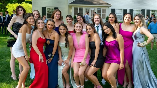 Un grupo de jóvenes estudiantes de la Millbrook School posan con ropa formal frente a una casa blanca al aire libre.