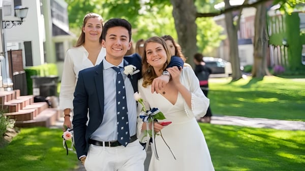 Una pareja posa frente a un paisaje verde en el terreno de la Millbrook School.