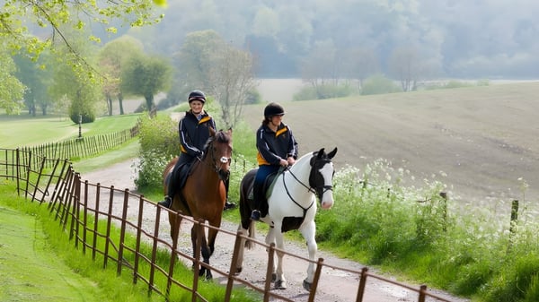 Dos personas montan a caballo a lo largo de un camino cercado en el paisaje verde de la Milton Abbey School.