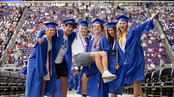 Un grupo de graduados de Minnetonka Public Schools está junto en túnicas de graduación azules en un entorno similar a un estadio.