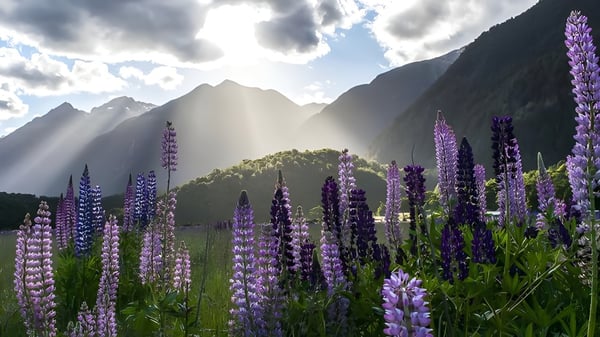 Un prado floreciente con lupinos violetas frente a montañas y nubes en el terreno de la Mount Albert Grammar.