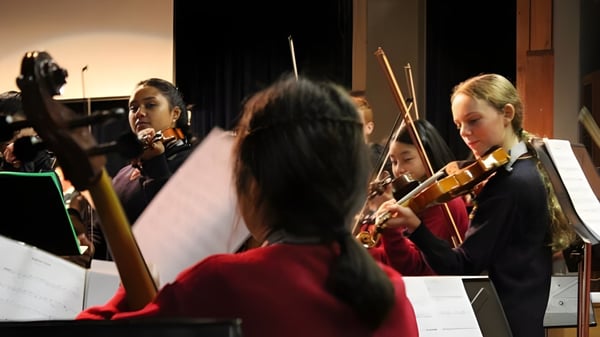 Un grupo de estudiantes toca diferentes instrumentos de cuerda en la orquesta de la Mount Roskill Grammar School en un escenario.