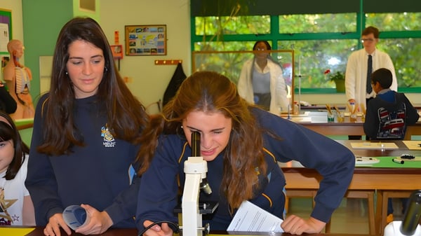 Un grupo de estudiantes realiza un experimento de ciencias en el aula de Mount St. Mary's College.