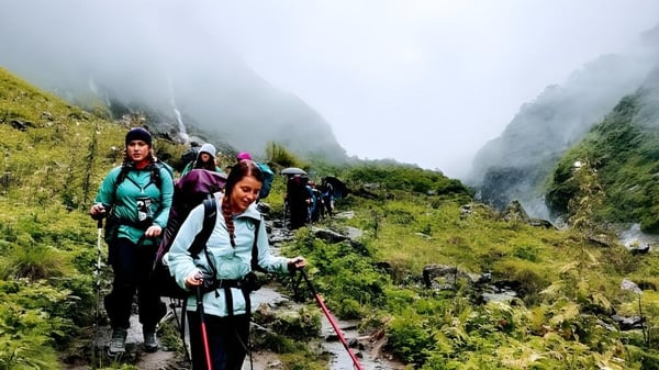 Un grupo de estudiantes del Moyne College camina a través de un paisaje montañoso con densa vegetación y niebla.