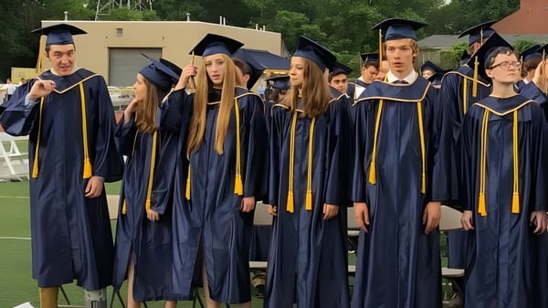 Un grupo de graduados está de pie con vestimenta académica en un campo en el Mt. Lebanon School District.