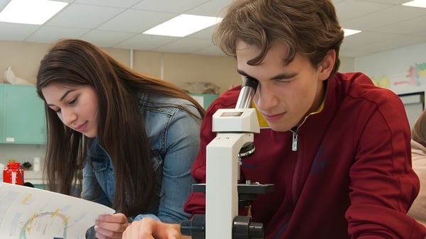 Dos estudiantes de la Mt. Sentinel Secondary School trabajan juntos concentrados en un documento en clase.