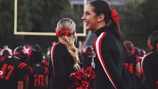 Dos graduadas del Murrieta Valley Unified School District están juntas en una multitud de graduados.