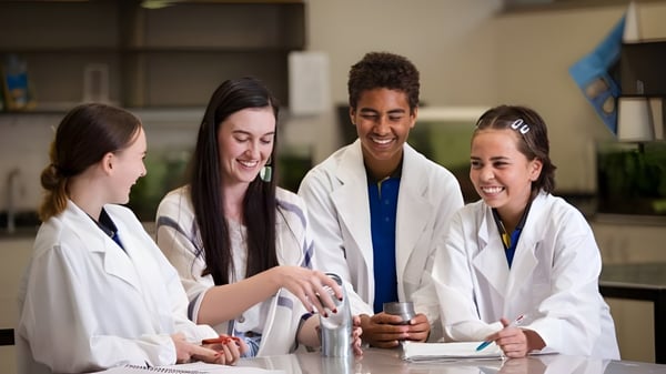 Cuatro estudiantes en el laboratorio de Nambour State College realizan juntos un experimento.
