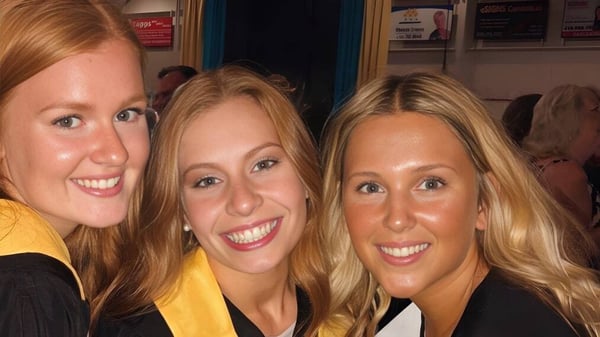 Tres alumnas sonriendo con cabello rubio en la Nantyr Shores Secondary School en un área Público.