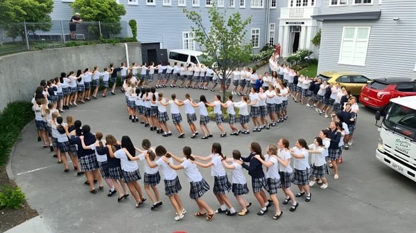 Un grupo de alumnas de la Napier Girls' High School está al aire libre en una formación circular frente al edificio escolar.