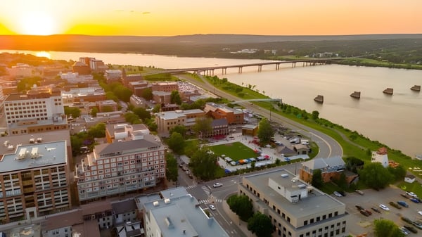 La vista de la ciudad con río y orillas verdes al atardecer muestra los alrededores del New Brunswick Community College.