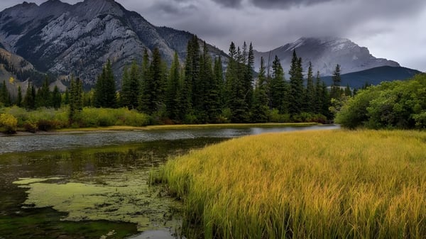 Un tranquilo paisaje montañoso con un lago y vegetación verde bajo un cielo nublado cerca de la New Norway School.