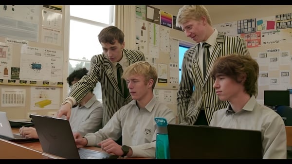 Cuatro estudiantes de la New Plymouth Boys' High School están sentados en una mesa trabajando en computadoras en un aula.