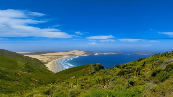 Vista de la costa con playa y montañas desde la New Plymouth Girls’ High School.