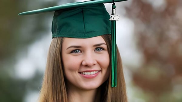 Una graduada de la North Central Texas Academy lleva orgullosamente su gorra y toga de graduación verdes al aire libre.