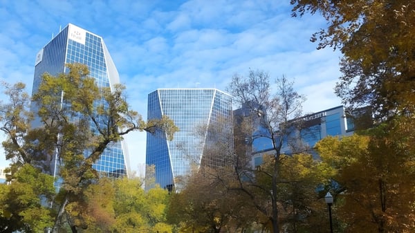 Paisaje otoñal con árboles frente a altos edificios de vidrio cerca de la North Dundas District High School.