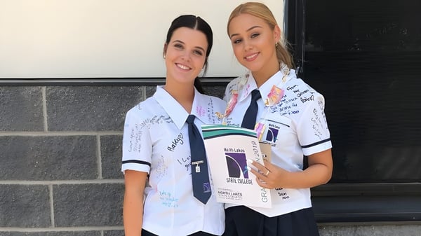Dos mujeres en uniformes médicos blancos están de pie frente a una pared de ladrillo en el campus de North Lakes State College.