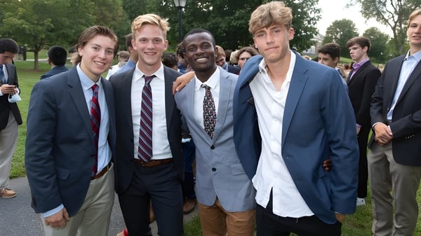 Un grupo de estudiantes de la Northfield Mount Hermon School está de pie al aire libre frente a árboles verdes.