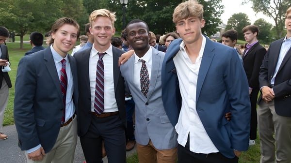 Un grupo de jóvenes en ropa formal está de pie juntos al aire libre en el campus de la Northfield Mount Hermon School.