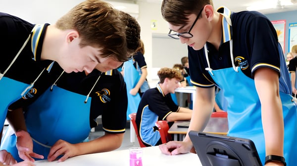 Estudiantes de la Ormeau Woods State High School trabajan juntos en una actividad grupal en una mesa.
