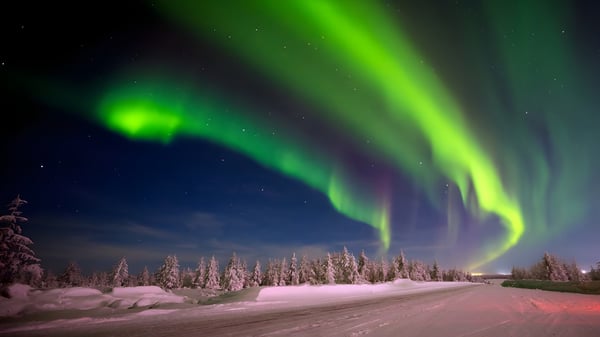 La Aurora Boreal ilumina el cielo nocturno sobre un paisaje forestal nevado cerca de la Oromocto High School.