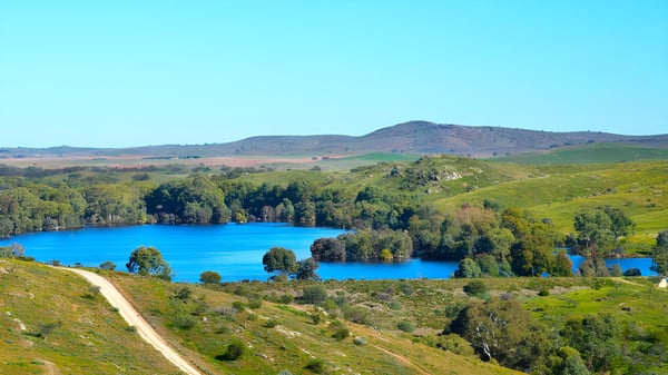 Un paisaje pintoresco con un lago azul y colinas verdes en los alrededores de la Orroroo Area School.