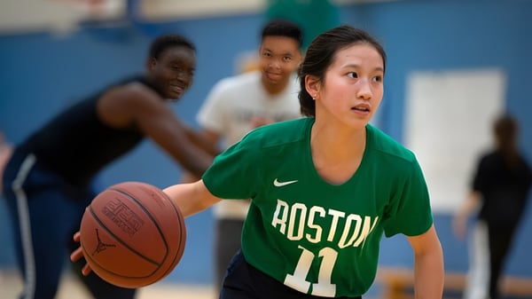Una estudiante del Oxford International College dribla un baloncesto en la cancha con otros dos jugadores al fondo.