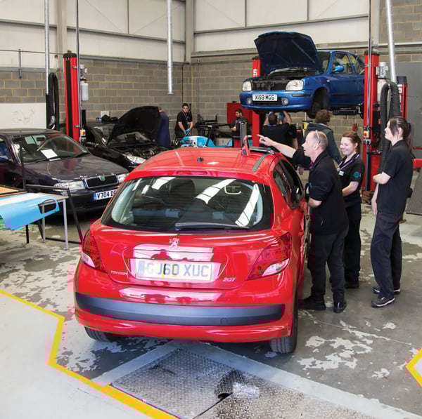 Aprendices y formadores trabajan juntos en coches en un taller de automóviles con elevadores.