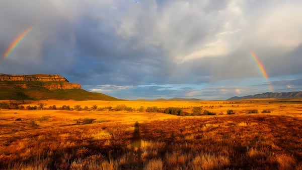 Un amplio campo dorado con arcoíris y un cielo dramático cerca de la Paralowie R-12 School a lo lejos.